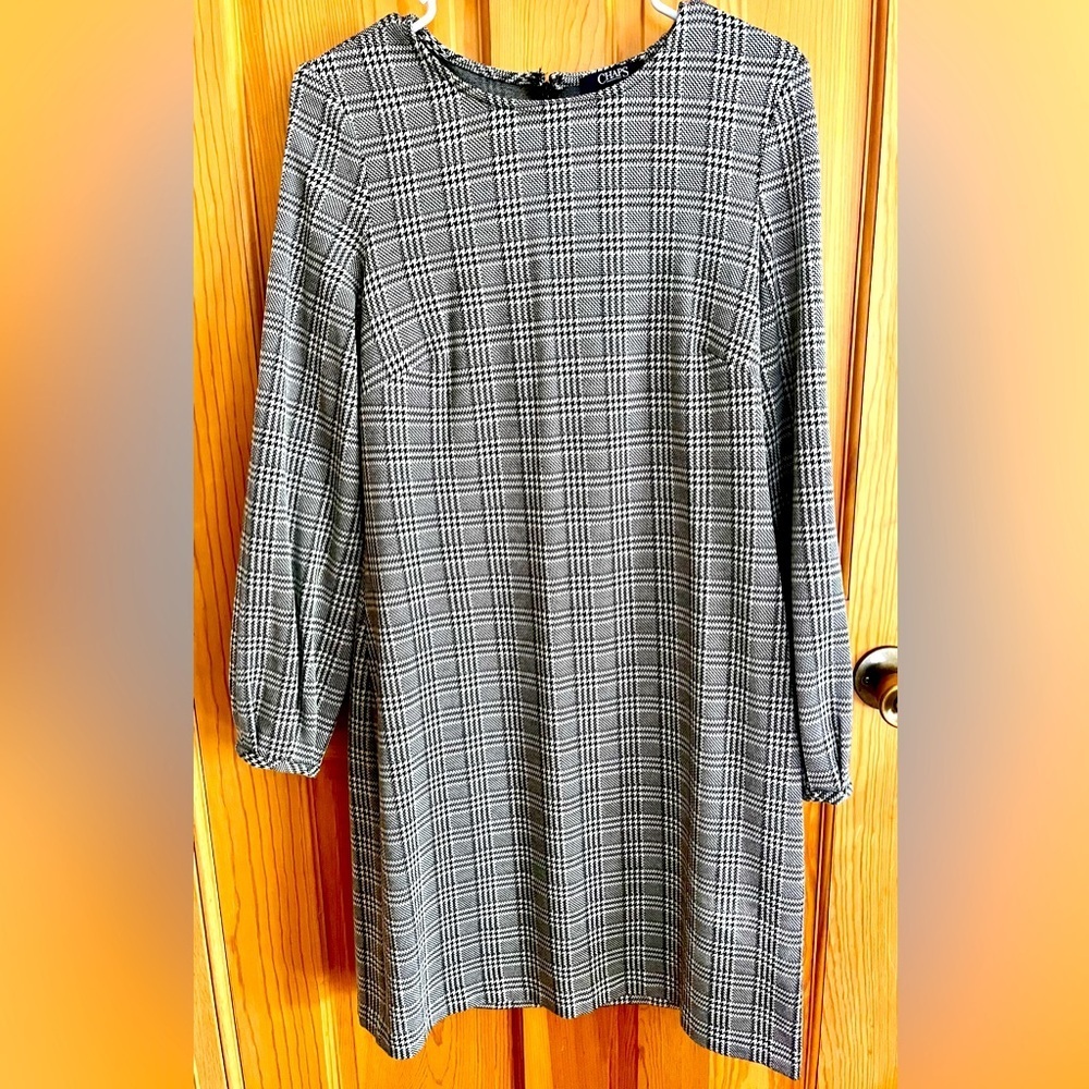 Chaps Plaid Long Sleeve Dress 10 Houndstooth Black White Shift Preppy Classic NY